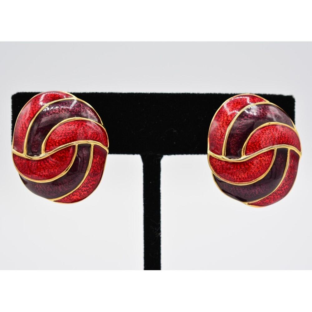 Vintage Clip On Earrings Red Shimmer Enamel Purple Wine Gold Tone 1980s BinAO